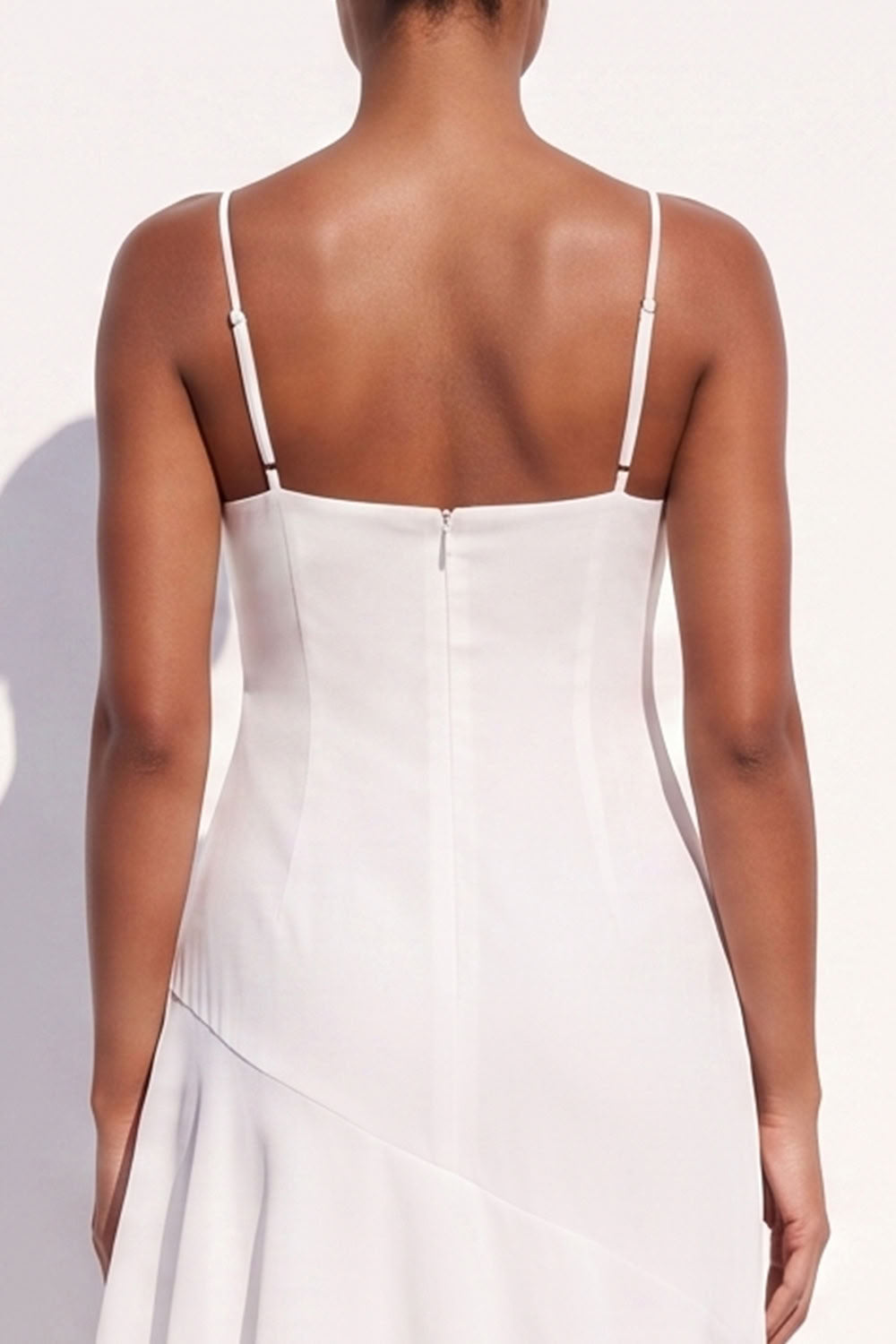 White Chiffon Keyhole Spaghetti Straps Tiered Asymmetrical Beach Wedding Dress