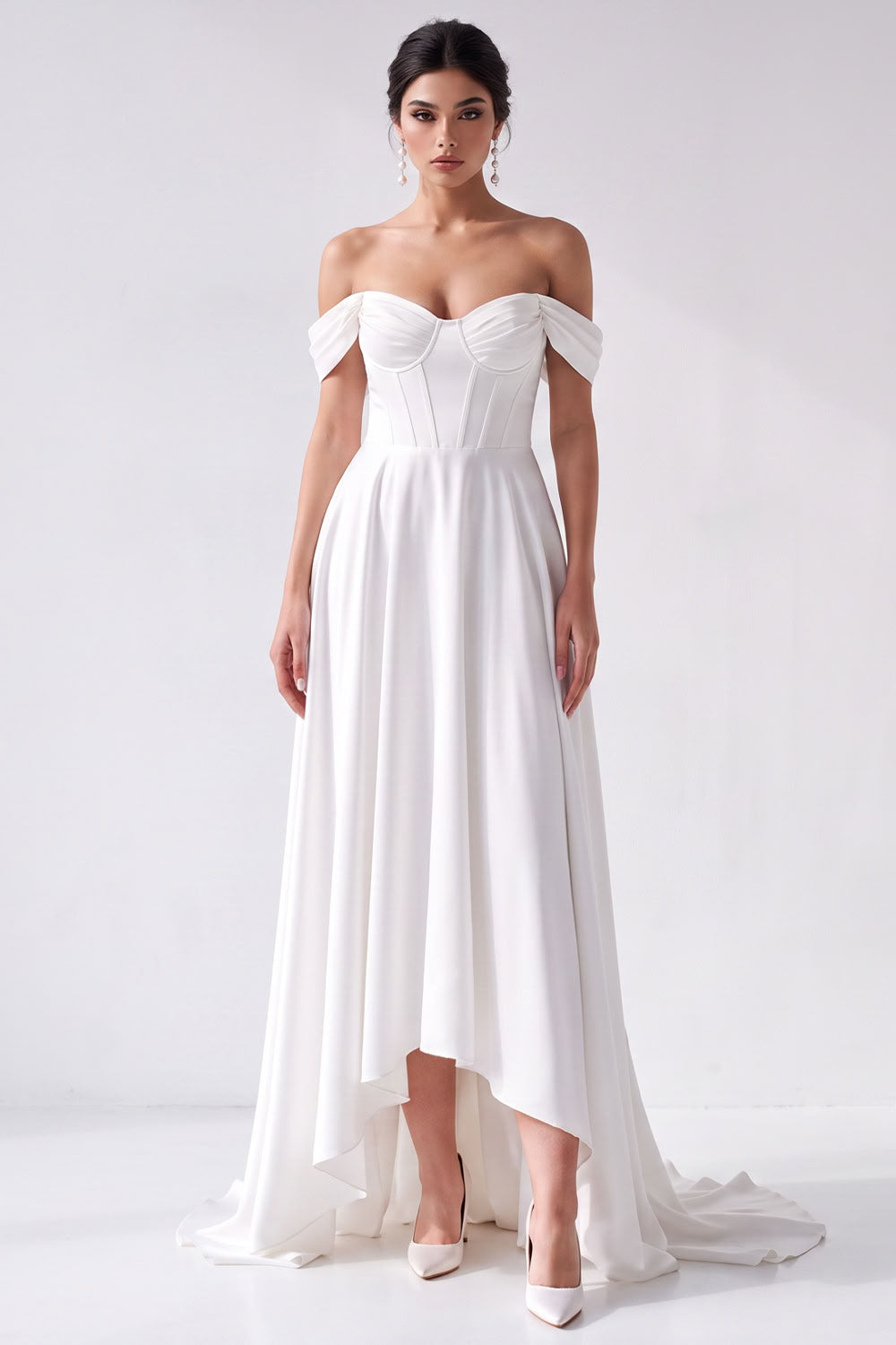 Off the Shoulder A-Line White Corset High-Low Wedding Dress