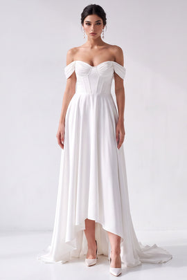 Off the Shoulder A-Line White Corset High-Low Wedding Dress
