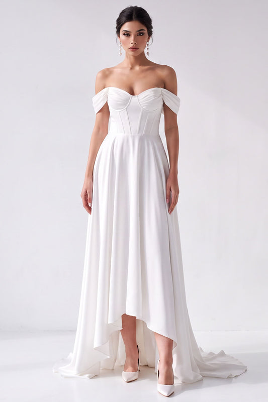 Off the Shoulder A-Line White Corset High-Low Wedding Dress