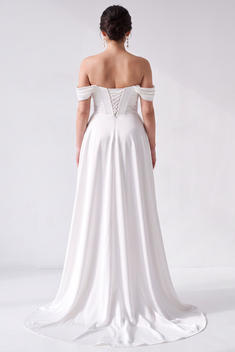 Off the Shoulder A-Line White Corset High-Low Wedding Dress