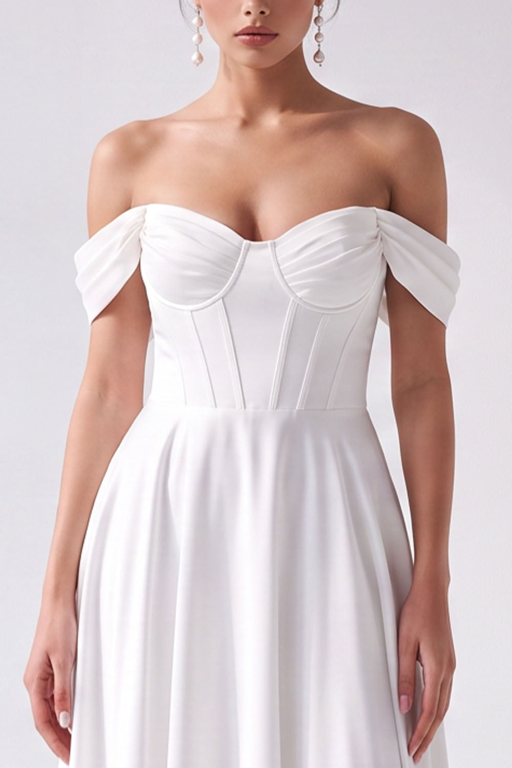 Off the Shoulder A-Line White Corset High-Low Wedding Dress