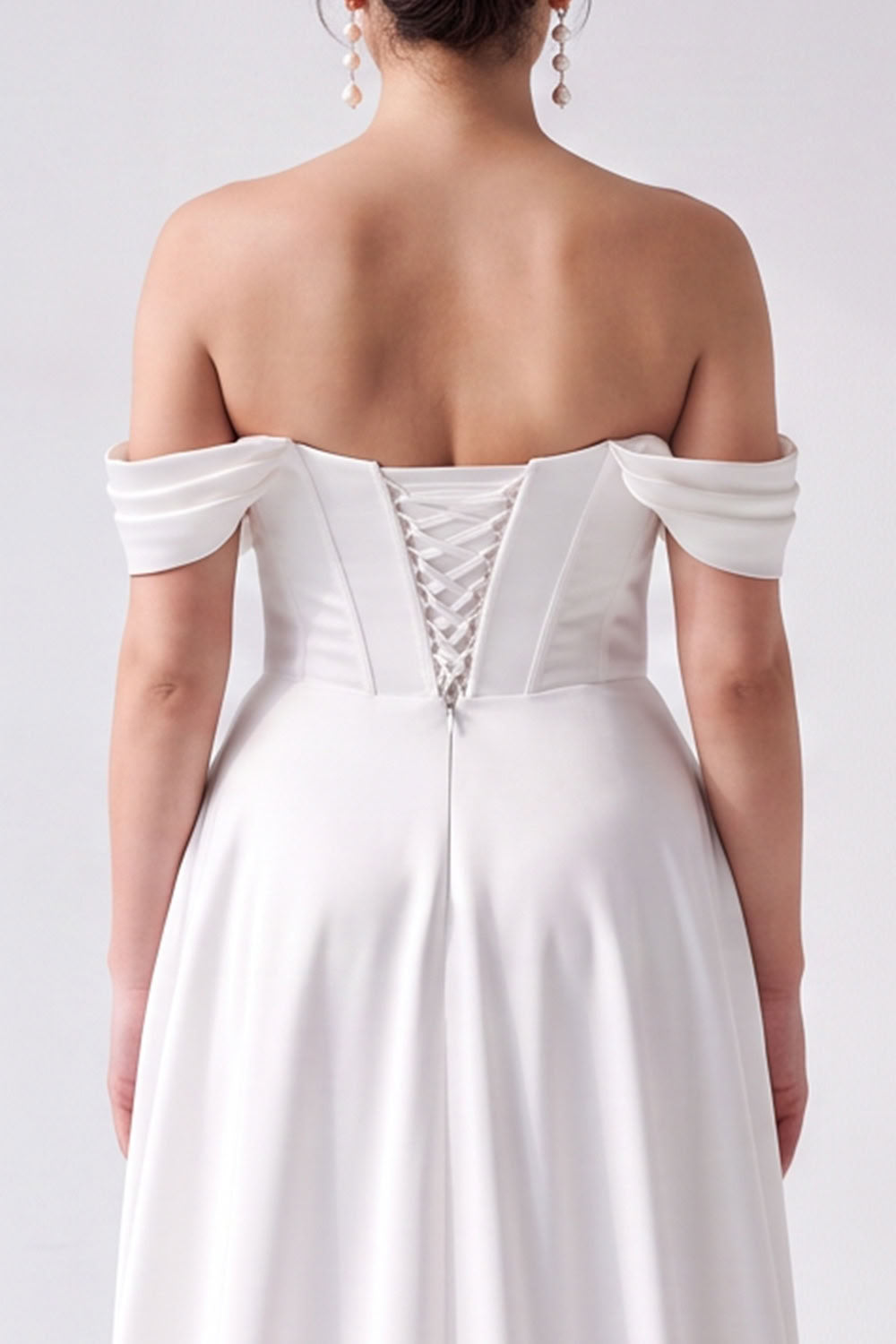 Off the Shoulder A-Line White Corset High-Low Wedding Dress