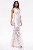 White Floral Halter Sheath Satin Backless Long Boho Wedding Dress with Lace
