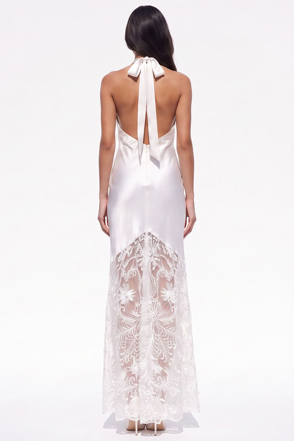 White Floral Halter Sheath Satin Backless Long Boho Wedding Dress with Lace