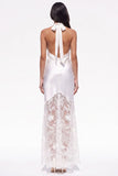 White Floral Halter Sheath Satin Backless Long Boho Wedding Dress with Lace
