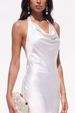 White Floral Halter Sheath Satin Backless Long Boho Wedding Dress with Lace