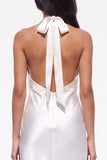 White Floral Halter Sheath Satin Backless Long Boho Wedding Dress with Lace