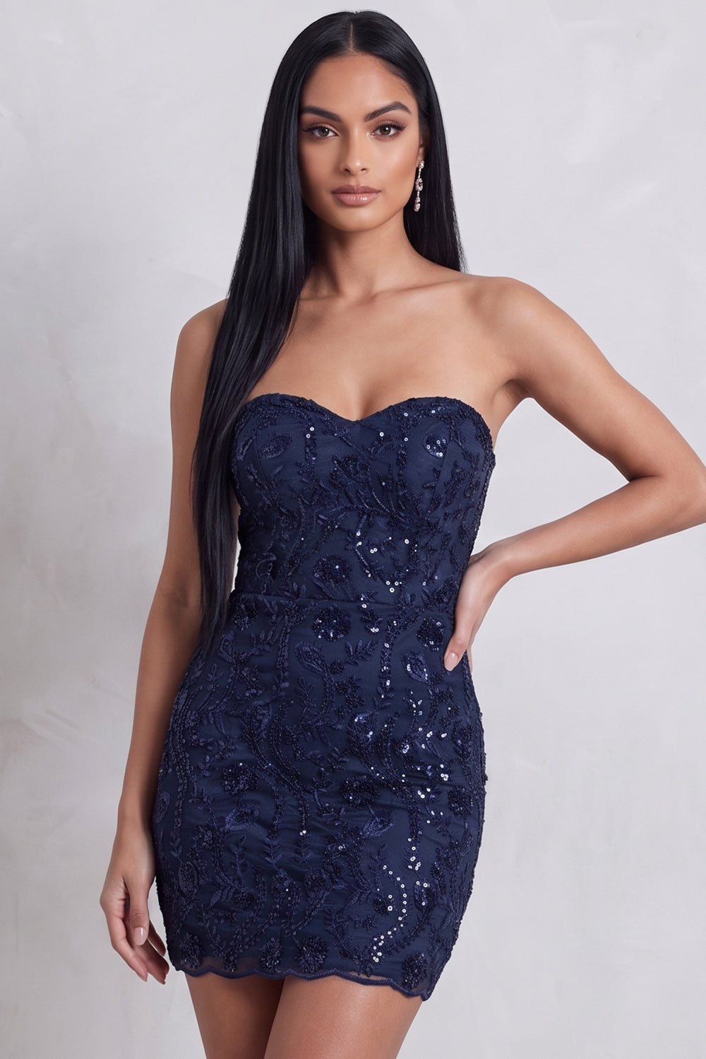 Sparkly Navy Floral Sweetheart Tight Sequins Short Cocktail Dress