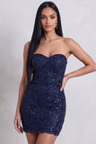 Sparkly Navy Floral Sweetheart Tight Sequins Short Cocktail Dress