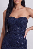 Sparkly Navy Floral Sweetheart Tight Sequins Short Cocktail Dress