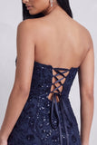 Sparkly Navy Floral Sweetheart Tight Sequins Short Cocktail Dress