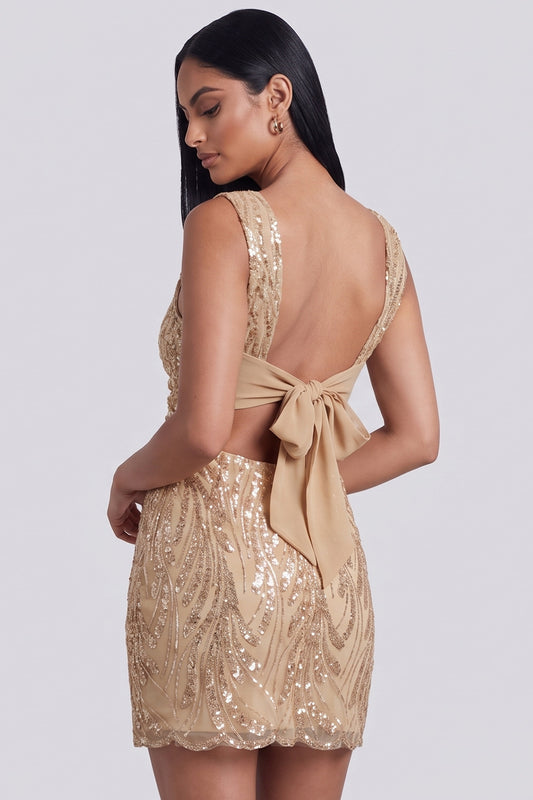 Sparkly Golden Tight Floral Short Cocktail Dress with Bow