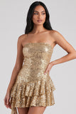 Sparkly Golden Strapless Sequins Tiered Ruffled Short Cocktail Dress with Sash