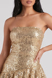 Sparkly Golden Strapless Sequins Tiered Ruffled Short Cocktail Dress with Sash
