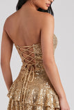 Sparkly Golden Strapless Sequins Tiered Ruffled Short Cocktail Dress with Sash