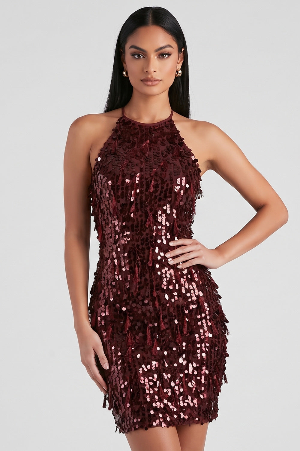 Sparkly Burgundy Sequins Halter Tight Short Cocktail Dress