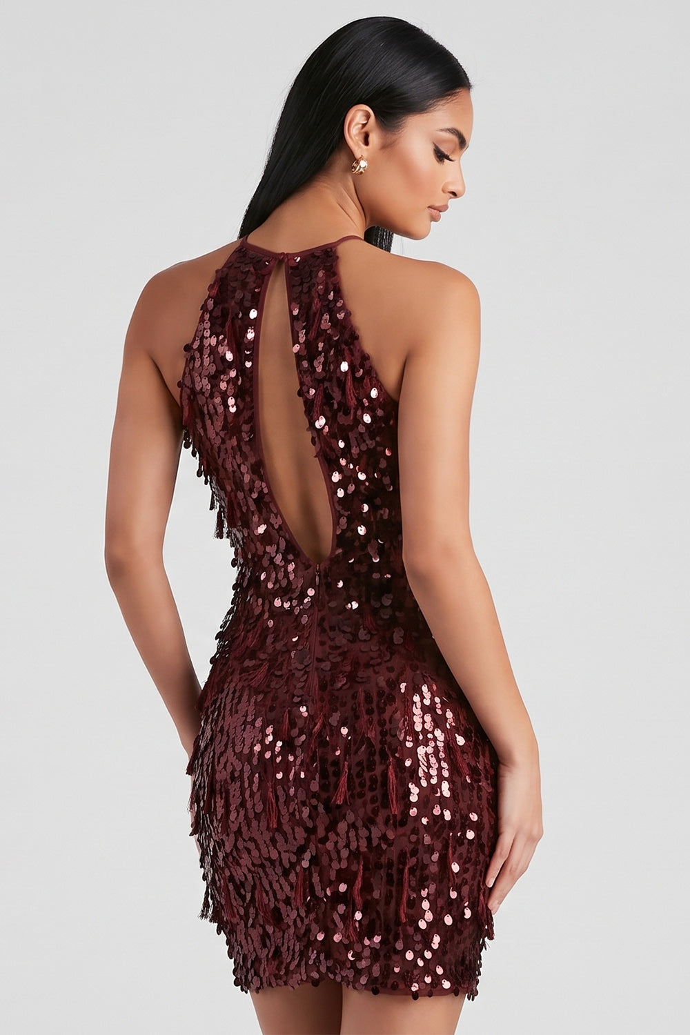 Sparkly Burgundy Sequins Halter Tight Short Cocktail Dress