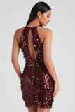 Sparkly Burgundy Sequins Halter Tight Short Cocktail Dress