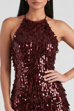 Sparkly Burgundy Sequins Halter Tight Short Cocktail Dress