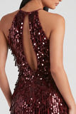 Sparkly Burgundy Sequins Halter Tight Short Cocktail Dress