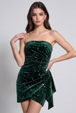 Sparkly Dark Green Tight Ruched Short Velvet Cocktail Dress with Sash