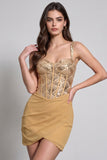 Sparkly Golden Corset Sequins Tight Ruched Short Cocktail Dress