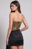 Sparkly Black Golden Corset Beaded Sweetheart Ruched Short Cocktail Dress with Sash