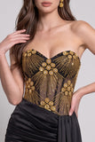 Sparkly Black Golden Corset Beaded Sweetheart Ruched Short Cocktail Dress with Sash
