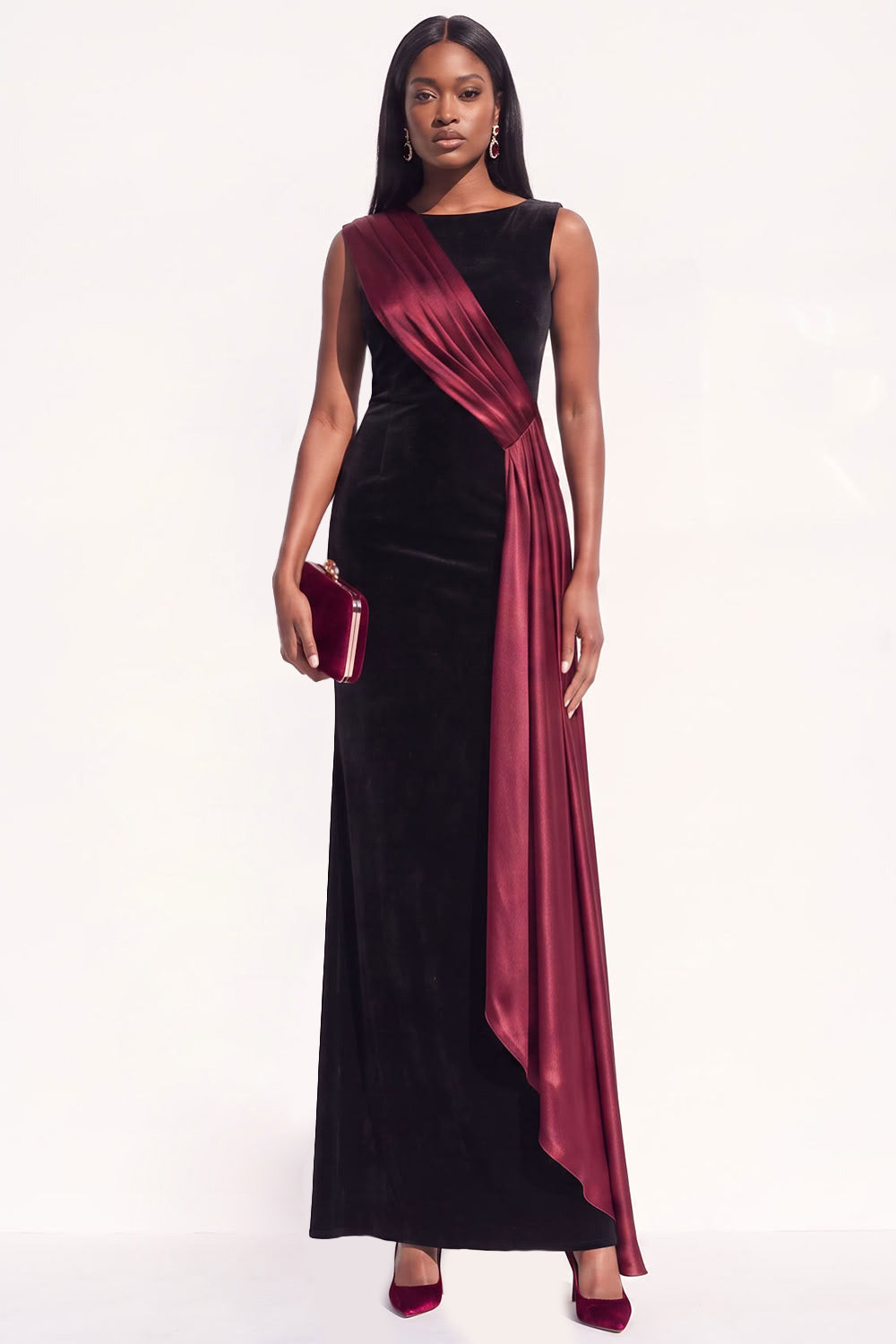 Burgundy Sheath Ruched Long Velvet Holiday Dress with Sash