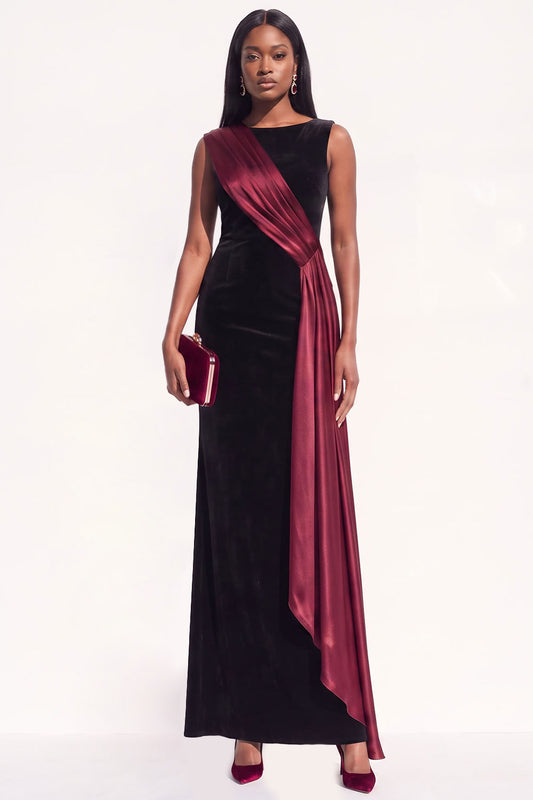 Burgundy Sheath Ruched Long Velvet Holiday Dress with Sash