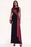 Burgundy Sheath Ruched Long Velvet Holiday Dress with Sash
