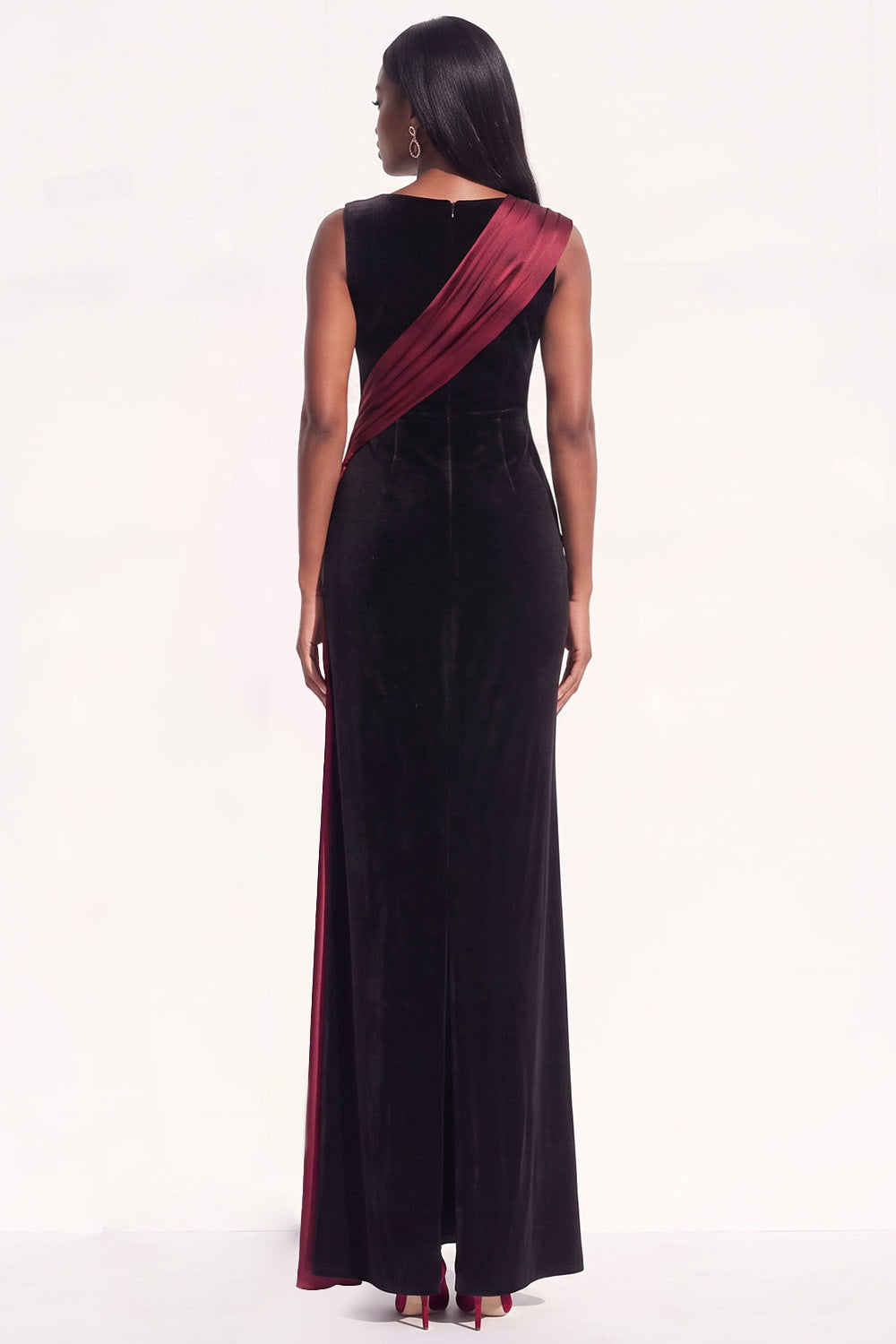 Burgundy Sheath Ruched Long Velvet Holiday Dress with Sash