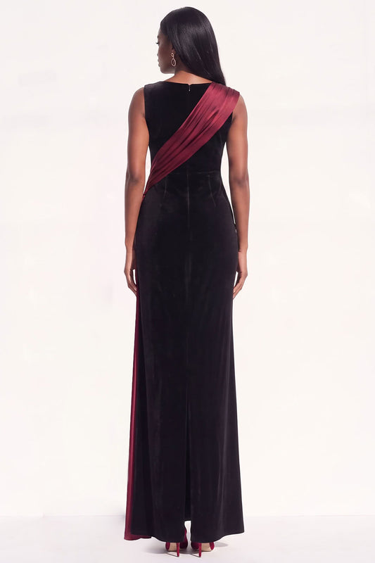 Burgundy Sheath Ruched Long Velvet Holiday Dress with Sash