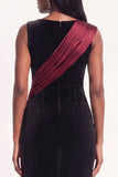 Burgundy Sheath Ruched Long Velvet Holiday Dress with Sash
