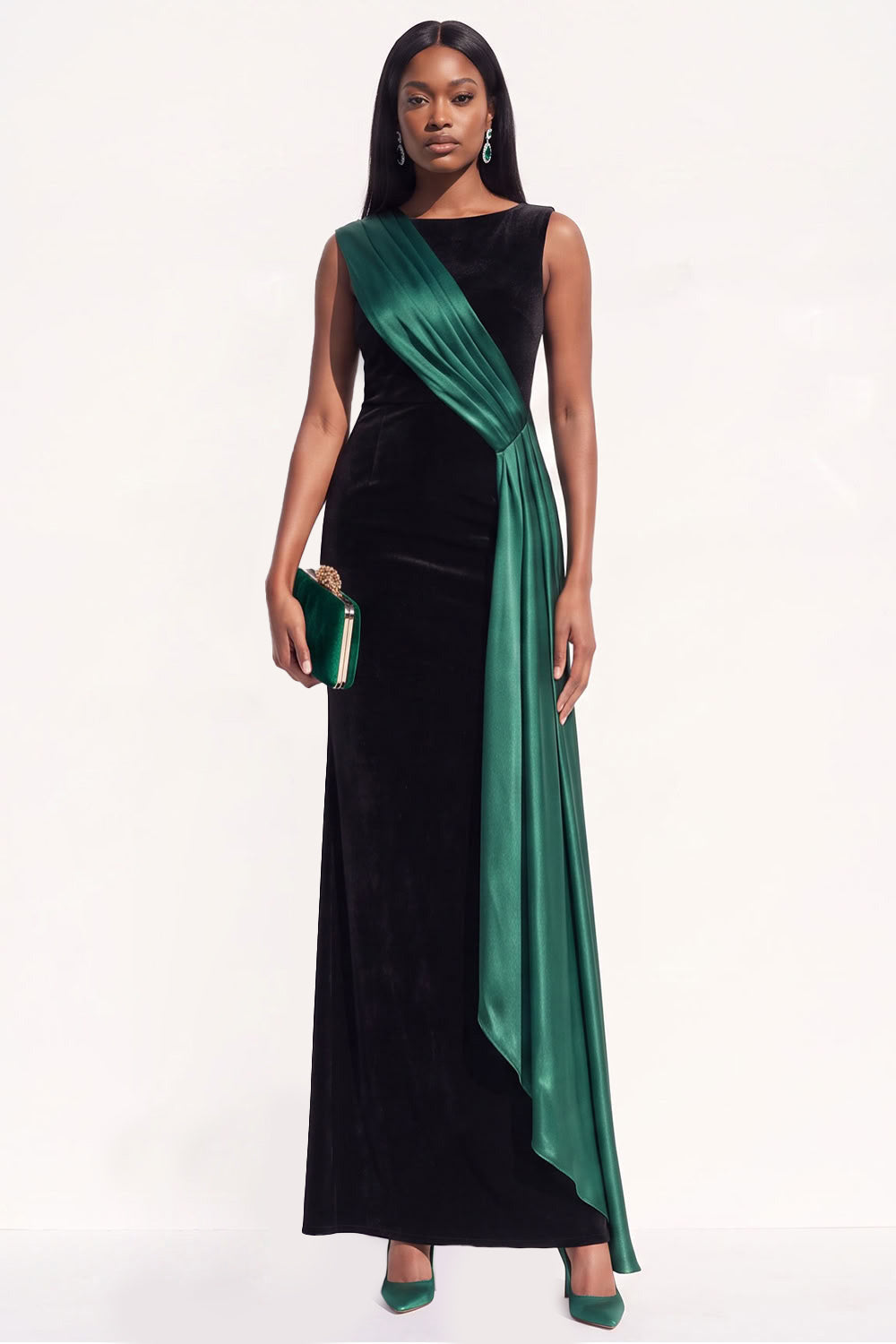 Burgundy Sheath Ruched Long Velvet Holiday Dress with Sash
