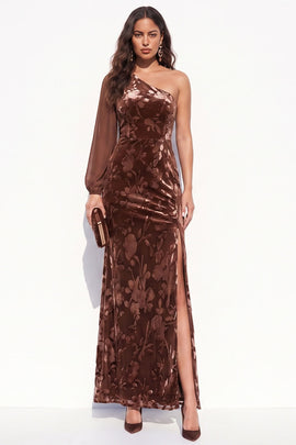 Brown Mermaid One Shoulder Floral Long Velvet Holiday Dress with Slit