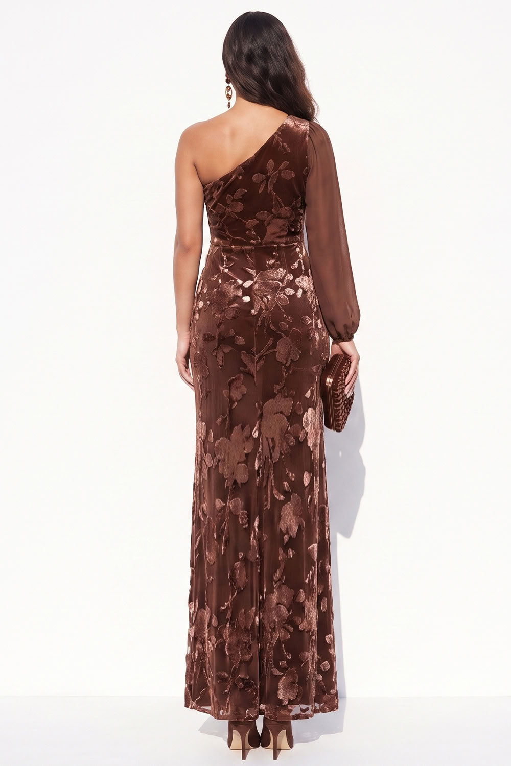 Brown Mermaid One Shoulder Floral Long Velvet Holiday Dress with Slit