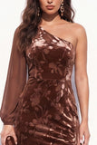 Brown Mermaid One Shoulder Floral Long Velvet Holiday Dress with Slit