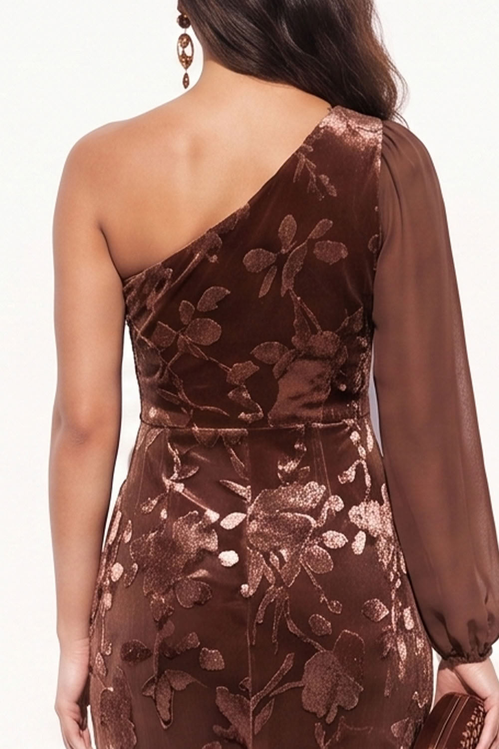 Brown Mermaid One Shoulder Floral Long Velvet Holiday Dress with Slit