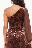 Brown Mermaid One Shoulder Floral Long Velvet Holiday Dress with Slit