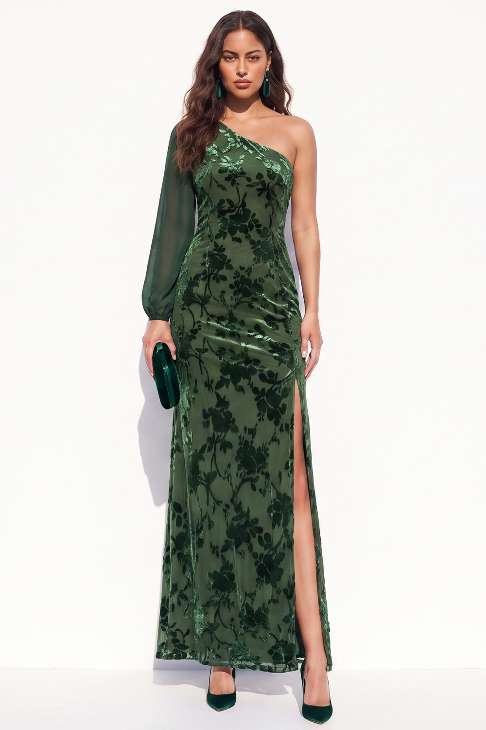 Brown Mermaid One Shoulder Floral Long Velvet Holiday Dress with Slit