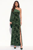 Brown Mermaid One Shoulder Floral Long Velvet Holiday Dress with Slit