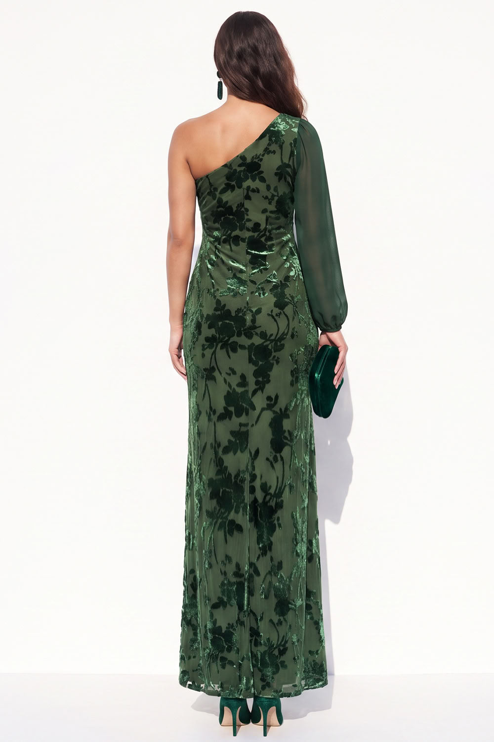 Brown Mermaid One Shoulder Floral Long Velvet Holiday Dress with Slit