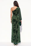 Brown Mermaid One Shoulder Floral Long Velvet Holiday Dress with Slit