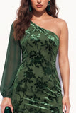 Brown Mermaid One Shoulder Floral Long Velvet Holiday Dress with Slit