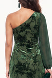 Brown Mermaid One Shoulder Floral Long Velvet Holiday Dress with Slit