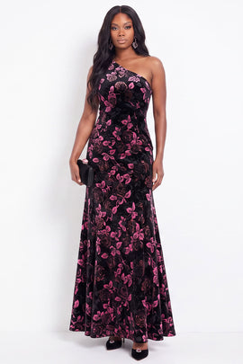 Black Pink Flower One Shoulder Mermaid Long Velvet Holiday Dress