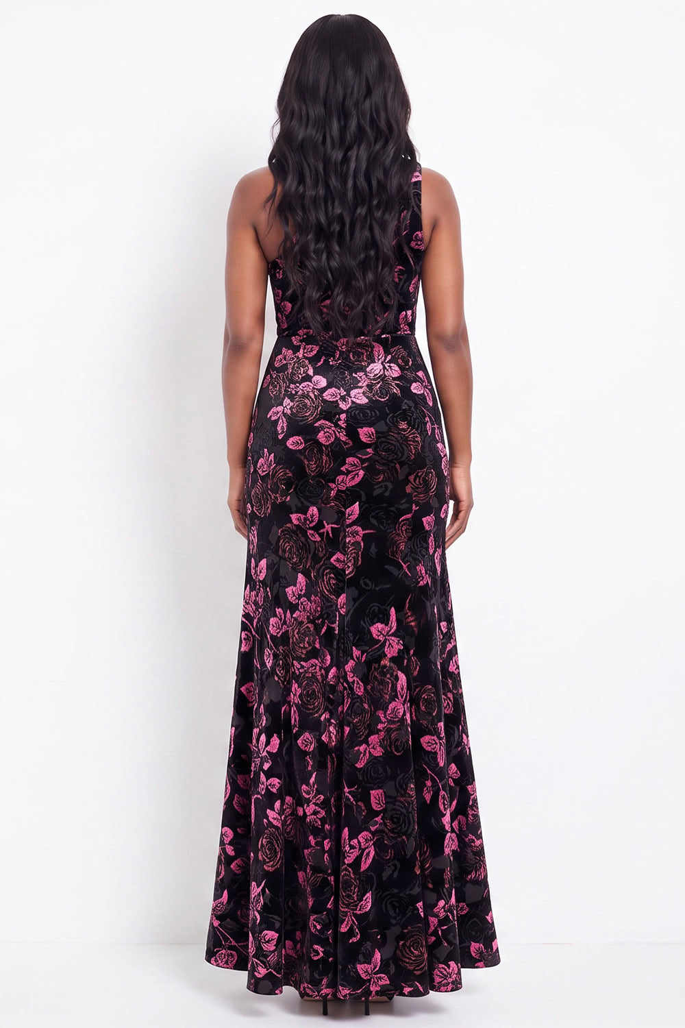 Black Pink Flower One Shoulder Mermaid Long Velvet Holiday Dress