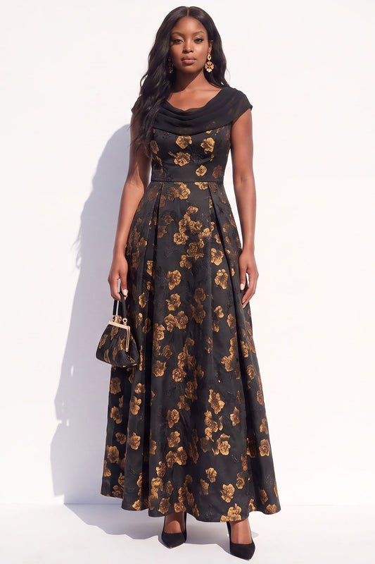 Black Yellow Flower A-Line Cowl Neck Jacquard Long Black Tie Dress